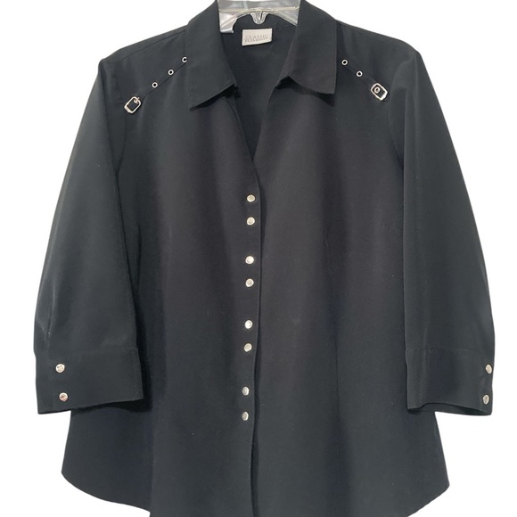 Black 3/4 Sleeve Notched Collar Button Down Shirt - Picture 1 of 8